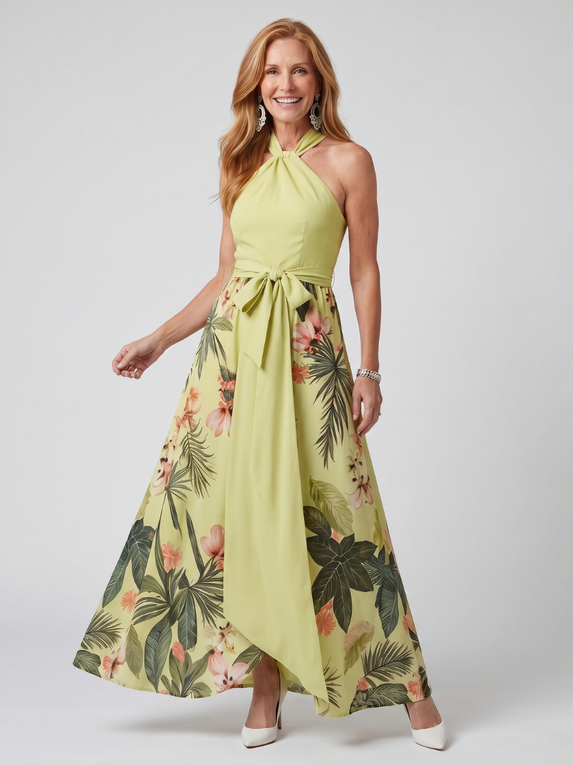 Sandra | Vestido Maxi Halter com Painéis Botânicos