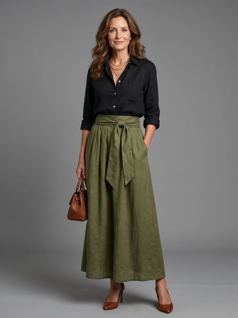 Vera | Conjunto Dois Peças – Blusa Preta e Saia Midi Verde Oliva