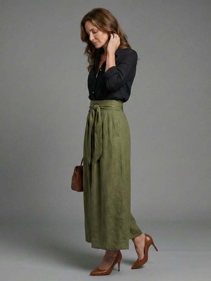 Vera | Conjunto Dois Peças – Blusa Preta e Saia Midi Verde Oliva