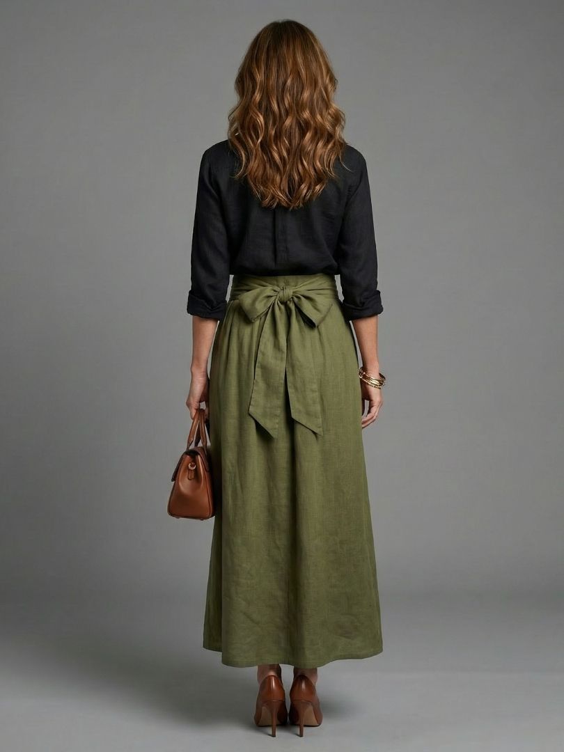 Vera | Conjunto Dois Peças – Blusa Preta e Saia Midi Verde Oliva