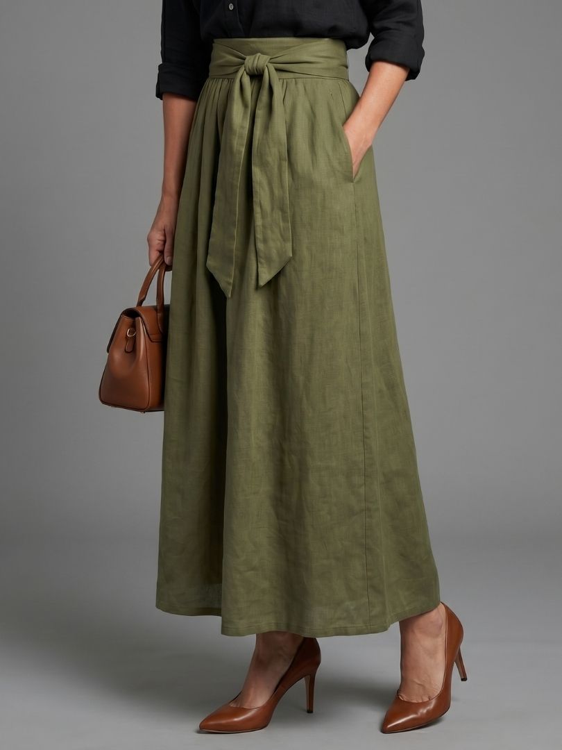 Vera | Conjunto Dois Peças – Blusa Preta e Saia Midi Verde Oliva