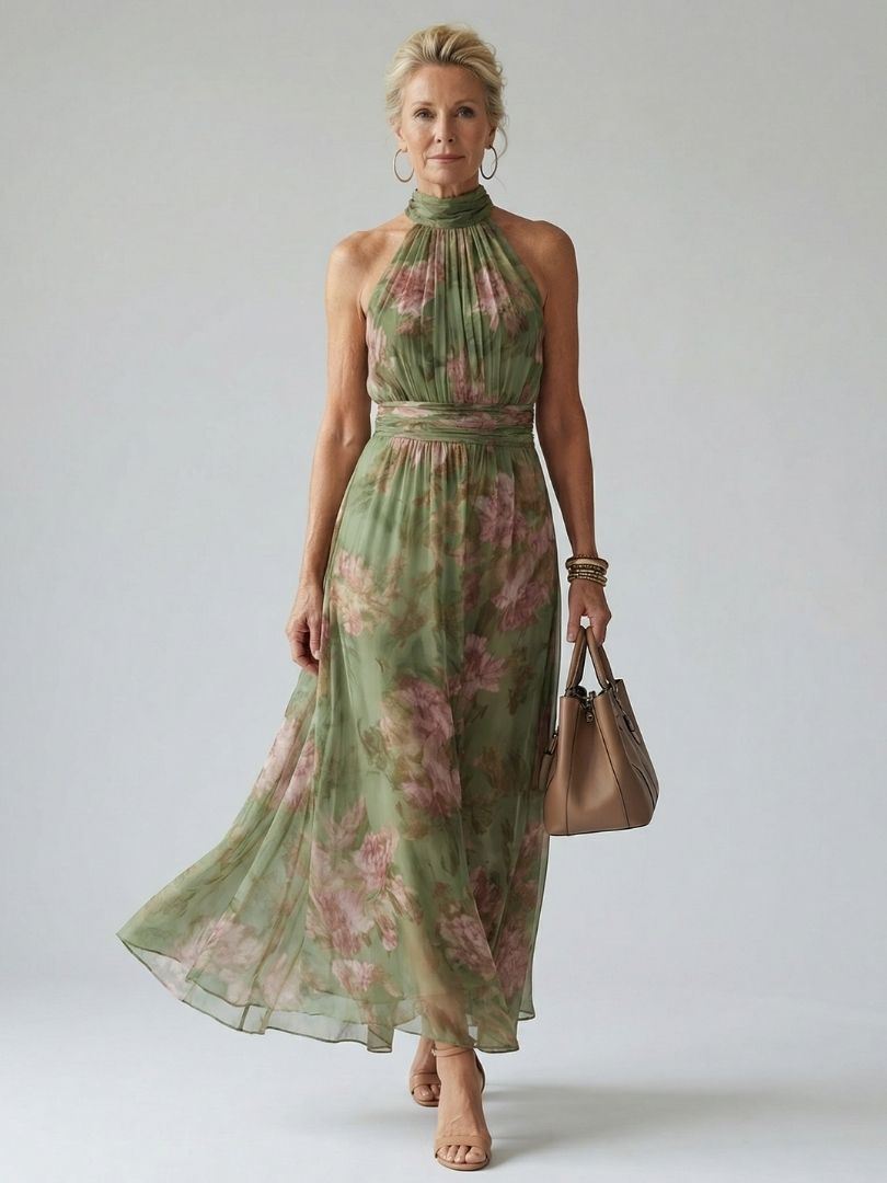 Mirella | Vestido Midi Halter com Corpete Franzido