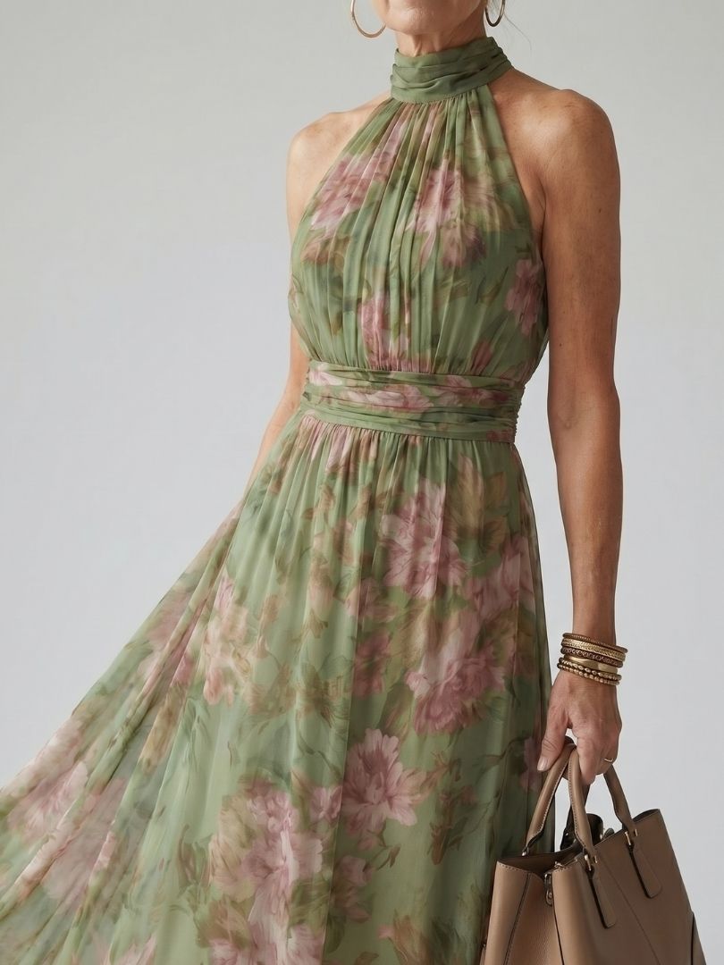 Mirella | Vestido Midi Halter com Corpete Franzido