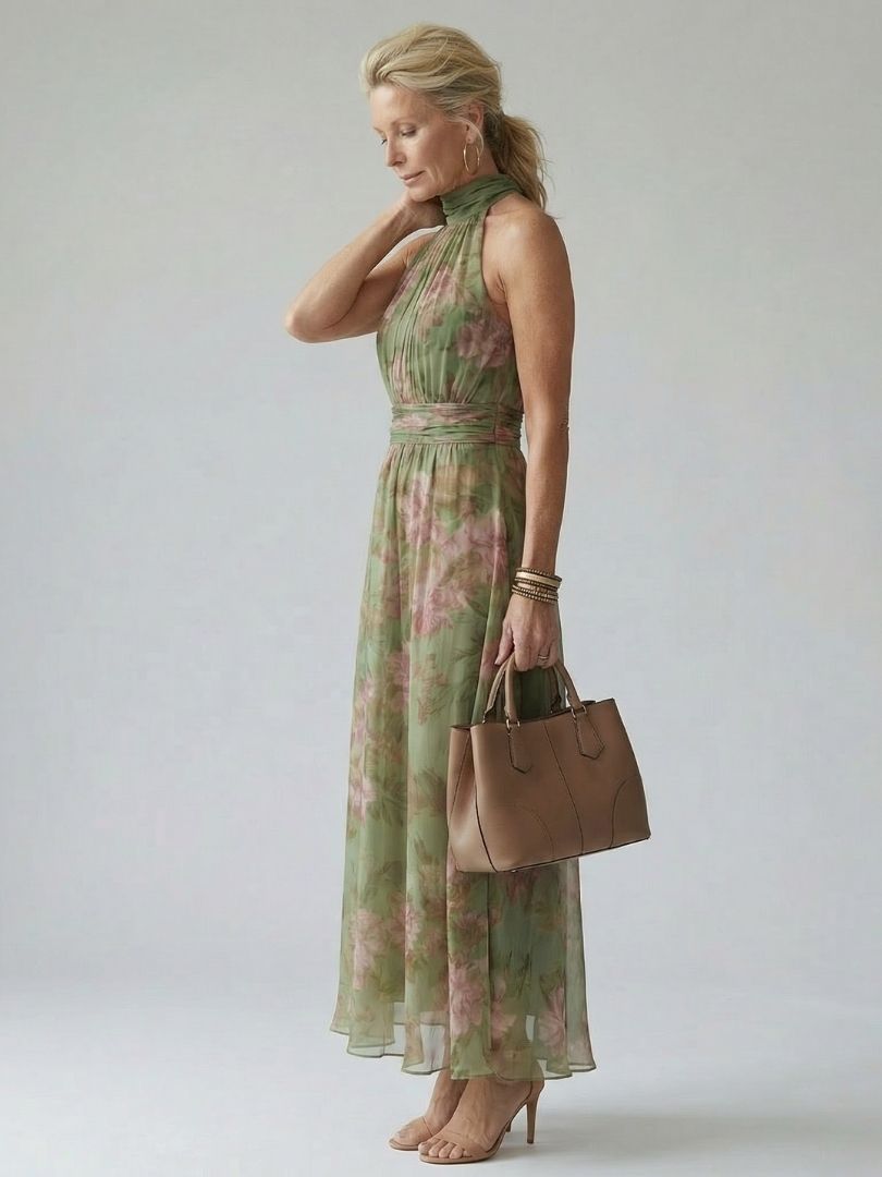 Mirella | Vestido Midi Halter com Corpete Franzido