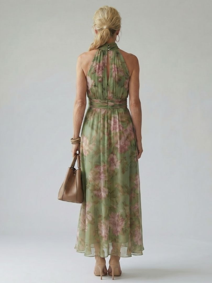 Mirella | Vestido Midi Halter com Corpete Franzido